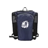 A navy blue hydration pack with a mesh back and a logo on the front, designed for running.