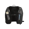 A black hydration pack with mesh panels and pockets for storage, featuring a branding logo.