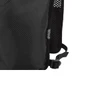A black hydration pack made from recycled polyester, featuring mesh detailing and adjustable straps, including a logo.