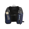 A navy blue hydration pack with mesh pockets and adjustable straps, featuring a logo on the front.