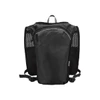 A black running vest hydration pack with mesh panels and a front zip pocket. It features adjustable straps and a logo.