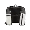 A lightweight, black and white hydration pack with mesh panels and pockets for storage.