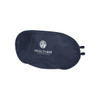 A navy eye mask with an elastic band and a logo featuring a circular design.
