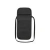 A black recycled travel pouch with a zippered pocket and a shoulder strap, featuring a textured fabric.