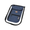 A navy blue travel pouch made from recycled materials, featuring multiple zippered compartments and an adjustable strap.