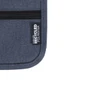 A grey travel pouch with a zippered closure, featuring a label indicating it is made from recycled polyester.
