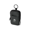 A small black pouch with a zipper and a keyring, featuring a logo and made from recycled materials.