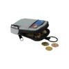 A small grey pouch made from recycled materials, filled with coins and a card, featuring a metal keyring.