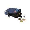 A small blue pouch with a zipped opening containing coins, a card, and a keyring attachment. It features a logo.