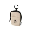 A small, beige pouch with a black zipper and keyring, featuring a logo on the front.