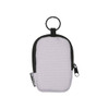 A small pouch in grey with a black zip and loop for attachment, featuring a logo. Made from recycled materials.