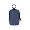 A small navy pouch with a zip closure and a loop attachment, featuring a logo. Made from recycled materials.