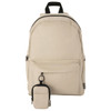 A beige backpack with a small pouch attached. The backpack features a front pocket and adjustable straps.