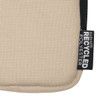 A beige small pouch made with recycled polyester, featuring a zipper and a branding label.