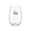 A drink bottle in a clear glass design with a rounded shape, featuring a logo.