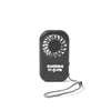A black mini pocket fan with a circular grille and a wrist strap. It features a logo on the front.