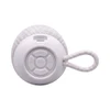 A compact white Bluetooth speaker with a textured surface and control buttons on the front, featuring a loop for easy carrying.