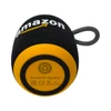 A round black and yellow Bluetooth speaker with a textured surface and a loop for attachment, featuring a logo.