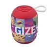 A red Bluetooth speaker with a multicoloured fabric design and a handle at the top. It features a logo on the side.