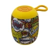 A yellow Bluetooth speaker featuring a colourful comic-themed design with text elements like "Wow" and "Crash".