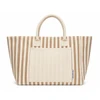A striped tote bag in beige and cream featuring two handles and a front pocket. Branding is present on the bag.