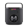 A black Bluetooth speaker with a handle and a large central control knob, featuring a logo on the front.