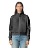 A women's full-zip jacket in black, featuring a high collar and ribbed cuffs, paired with blue jeans.