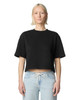 A black, mid-length boxy top for women made of French terry material, featuring a relaxed fit and short sleeves.