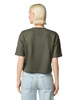 A mid-length boxy top in olive green, featuring short sleeves and a relaxed fit, with a logo present.