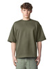 A unisex oversized boxy top in olive green with a crew neckline and finished seams. It features a logo.
