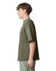 A unisex oversized boxy top in olive green, featuring short sleeves and a casual fit. The shirt has a logo.