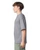 A grey oversized unisex boxy top displayed on a model, showcasing a side profile view. The top features a logo.