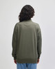 An olive green unisex bomber jacket featuring a relaxed fit and ribbed cuffs, viewed from the back.