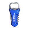 A drink bottle multi-tool opener in blue, featuring a bottle opener, corkscrew, and knife. Includes a logo.