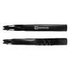 A black wine waiter's knife featuring a corkscrew and a logo. It has a sleek design suitable for elegant settings.