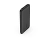 A black power bank with dual USB ports and four battery level indicator lights. It has a logo on the surface.