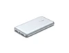 A silver power bank with two USB ports and a logo, featuring a sleek design and indicator lights.