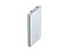 A silver power bank with two USB ports and LED indicators, featuring a logo on the side.
