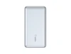 A silver power bank with a sleek design and a logo, featuring a USB cable.