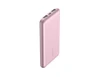 A pink power bank with two USB ports and a logo, featuring four indicator lights.