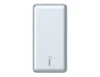 A silver power bank with a sleek design and a logo. It includes a charging cable.