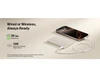 A slim white power bank with a USB-C connection, placed beside a smartphone. The power bank has branding.