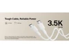 A white charging cable with two connectors, featuring a logo and a textured background.
