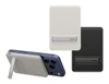 A slim power bank in beige and black, featuring a stand and branding, designed for wireless charging.