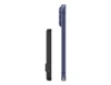 A slim power bank in black and navy blue, showcasing its side profile and edges. Contains a logo.