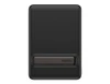 A black power bank with a slim design and a branding logo, featuring a magnetic attachment.