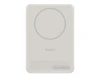 A slim white power bank with a circular magnetic area and branding on the back.