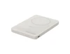 A slim, white magnetic power bank with a circular charging area and five indicator lights. It features a branding logo.