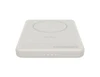 A slim, light grey magnetic power bank with a circular charging area and indicator lights, featuring a logo.