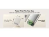 A slim white power bank with an ultra-slim profile, featuring a visible internal component and a logo.